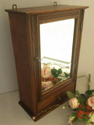 Vtg Antique Kitchen Apothecary Bathroom Cabinet Beveled Mirror Carved Wood Oak