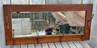 Antique Mission Craftsman Tiger Oak Large 39 " Mirror W/ 6 Coat Rack Hooks 1900