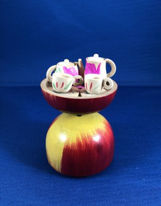 Vintage 1950’s Wooden Apple With Miniature Tea Set Japanese Hand - Painted