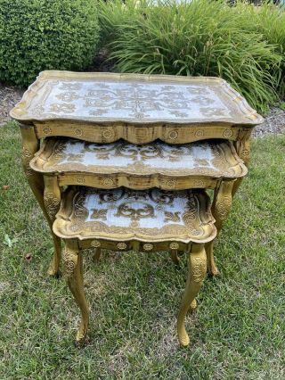 3 Florentine Vintage Nesting Side Tables Floral Gold Hand Painted Made In Italy