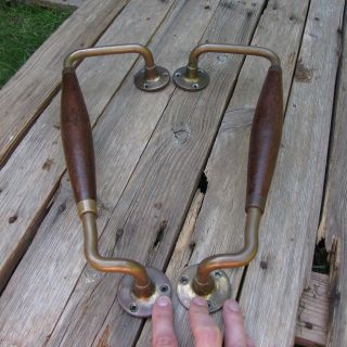 Large Vintage Wood and Brass Door Pull Handles 14 