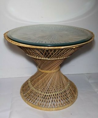 Vintage Hourglass Round Wicker Rattan Woven Spun Drum Table Boho Chic Glass Top