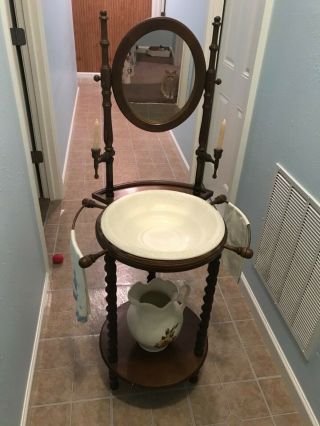 Antique Wooden Wash Stand Vintage Mirror Basin Set Pitcher & Bowl ‼️