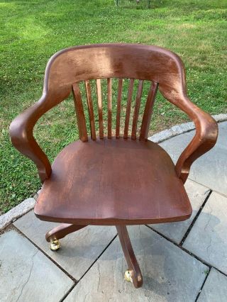 Antique Hardwood Swivel Banker Office Chair Gunlocke Style With Cushion
