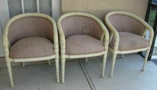 Vintage Carved Wood Upholstered Arm Chairs Barrel Back Set Of 3