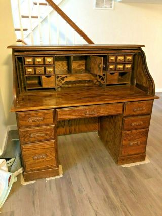 Vintage Lighted Oak Roll Top Desk 7 Drawers Cubbies Lock File Secret & Chair 2
