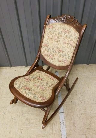 Vintage Covered Wooden Folding Rocker Rocking Chair Tapestry Victorian