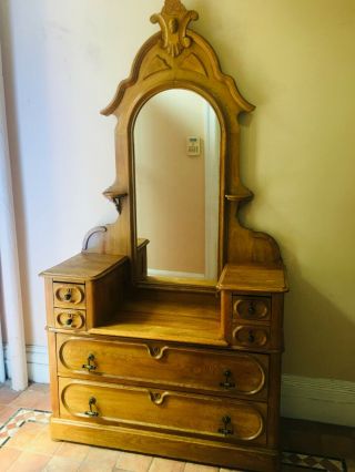 Antique Oak Dresser With Mirror - - 44 In.  Wide,  18 In Deep,  84 In.  At The Tallest