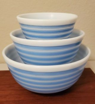 Vintage Pyrex Blue Striped Mixing Nesting Bowl Set,