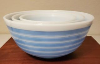 Vintage Pyrex Blue Striped Mixing Nesting Bowl Set, 2