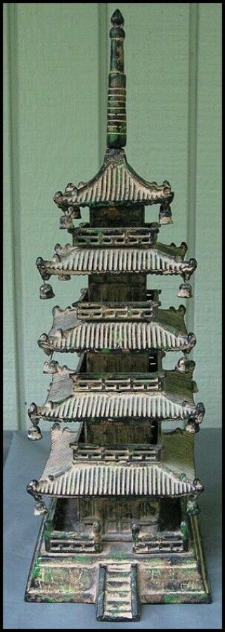 Vintage Japanese Cast Iron Pagoda 5 Tier Tower With Bells 16 3/4 Inch