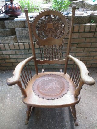 Antique Quartersawn Oak Carved Rocker Rocking Chair Brown Leather Embossed Seat