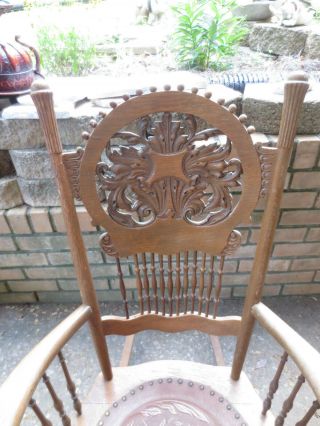 Antique Quartersawn Oak Carved Rocker Rocking Chair Brown Leather Embossed Seat 2