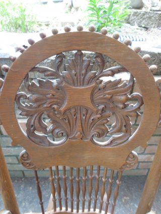 Antique Quartersawn Oak Carved Rocker Rocking Chair Brown Leather Embossed Seat 3
