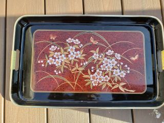Vintage Toyo Japan Black Lacquer Serving Tray Gold And White Flowers Large 18.  5”