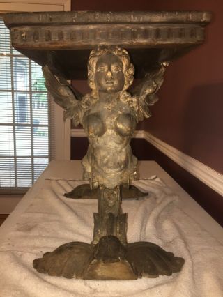 Antique Winged Female Caryatid Figurehead Console Table Maiden Figural Cherub