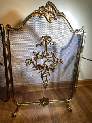 Antique Vintage French Louis Xiv Gilt Bronze Brass 3 Panel Footed Firescreen