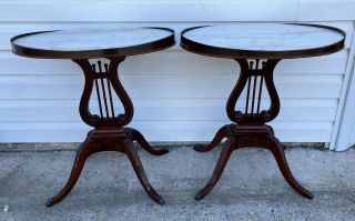 Set Of 2 Vtg Mersman 6651 Mahogany End Tables Lyre Base Claw Feet & Marble Tops