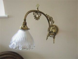 Pair Edwardian Ornate Brass Gas Wall Lights With Shades