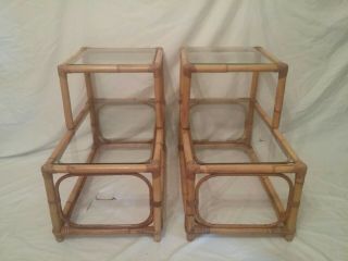 Vintage Pair Rattan Bamboo End Tables Side Step W Glass Tops Ficks Reed Style