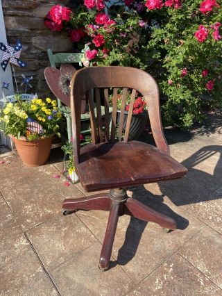 Vintage Wood Banker Chair Antique Office Industrial Wooden Swivel