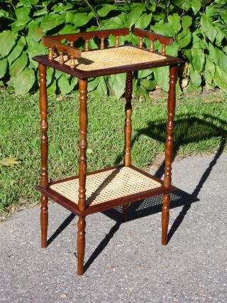 Vintage 2 Tier Wood & Cane Plant Stand Accent End Table Nightstand