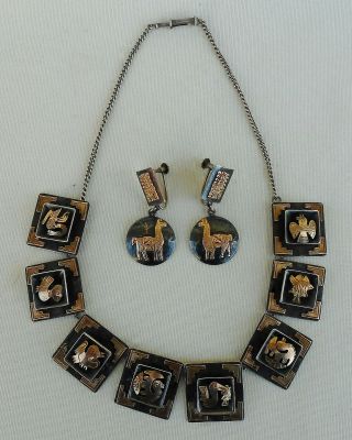 Vtg.  Old Cuzco 18k And.  925 Silver Peruvian Gold Necklace W/matching Earrings