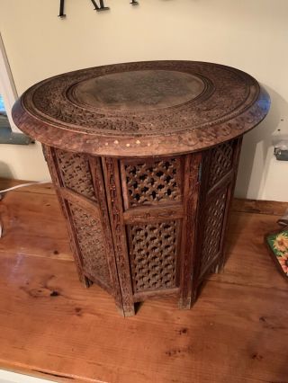 Vintage Anglo - Indian Hand Carved Wood Octagonal Folding Table W Floral Inlay Top