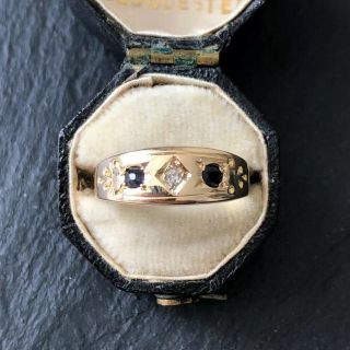 Vintage 9 Carat Gold Sapphire And Diamonds Three - Stone Ring
