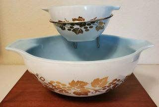 Vintage Pyrex Chip And Dip Set White On Pale Blue W/ Gold Grapes Rare 1950 