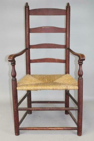 A Fine 18th C Connecticut Ladder Back Armchair Carved Arms Red Stain