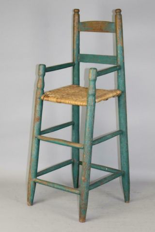 A 18TH C CHILD ' S 2 SLAT LADDERBACK ARMCHAIR HIGHCHAIR OLD TEAL BLUE PAINT 2