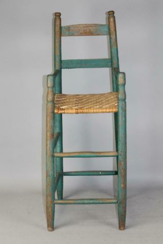 A 18TH C CHILD ' S 2 SLAT LADDERBACK ARMCHAIR HIGHCHAIR OLD TEAL BLUE PAINT 3