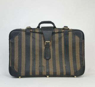 Vintage Fendi Brown Black Stripe Coated Canvas Leather Trim Suitcase Luggage