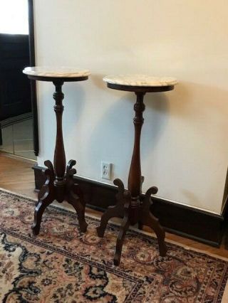 Pair Antique Carved Wood Plant Stand Side End Sofa Parlor Corner Lamp Tables