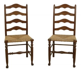 F49400ec: Pair Stickley Cherry Rush Seat Ladder Back Side Chairs