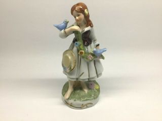 Vintage Girl & Bluebird Porcelain Figurine With Flowers