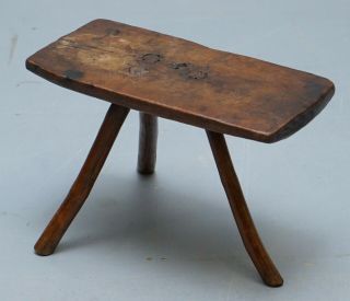 Stunning Circa 1800 Hand Made And Carved Primitive Three Legged Rectangle Stool