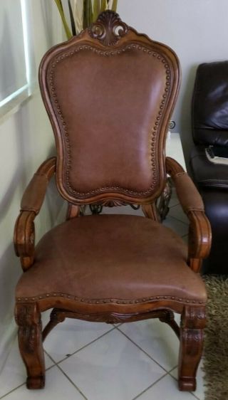 French Louis Xv Style Carved Hardwood And Leather.  Dining Room Armchair