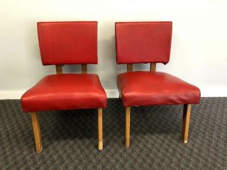 Mid Century Modern Chair Pair Vintage 50s Red Vinyl Lounge Slipper Danish Atomic