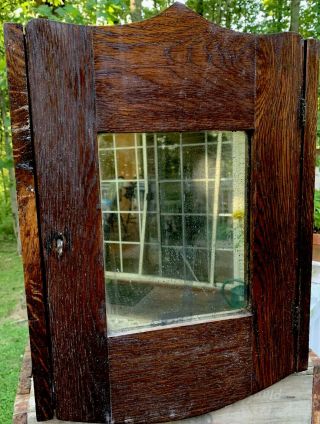 Antique Vtg Primitive Wood Bathroom Medicine Cabinet W/ Mirror Wall Mount & Key