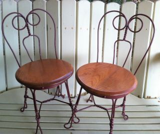 Childs Ice Cream Parlor Chairs Set Of 2 - Vintage - Twisted Wrought Iron - Oak Seats
