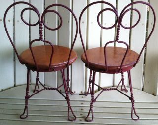Childs Ice Cream Parlor Chairs Set of 2 - Vintage - Twisted Wrought Iron - Oak Seats 2