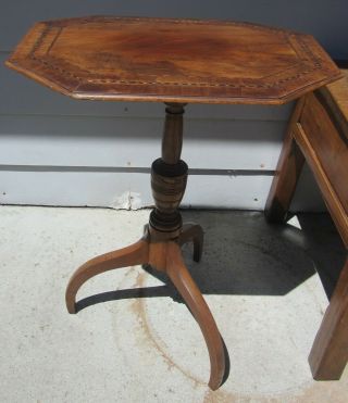 Early American Antique Candle Stand Tilt Top Table Cherry Inlaid 18th Century