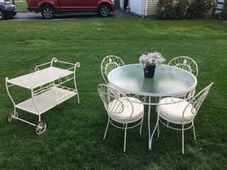 Outdoor/indoor Old Fashioned Wrought Iron Ice Cream Table W Chairs And Cart