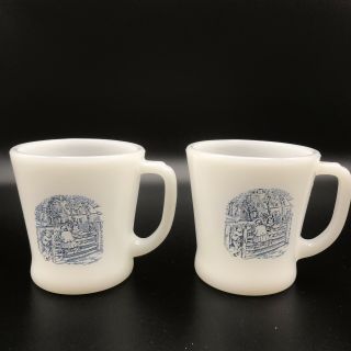 Milk Glass Mugs With Blue Scene Kids On Fence Country Set Of 2 Coffee Cups