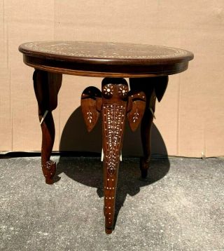 Vintage Anglo - Indian Inlaid Rosewood Tea/side Table With Elephant Legs