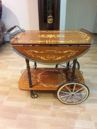 Vintage Italian Inlaid Laquered Wood Bar/tea Cart
