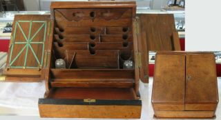 Antique 19th C Victorian Walnut Burl Scribes Desk W/ Inkwells Desktop Organizer