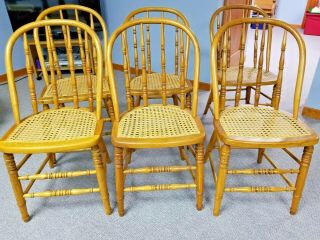 Antique Caned - Seat Kitchen Chairs - Set Of Six - Solid Ash,  Euc Circa 1920s